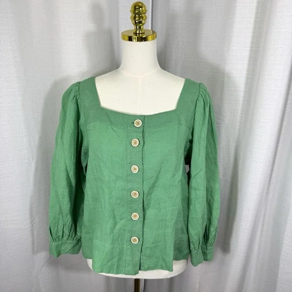 NEW J. Crew 100% Linen Women's Medium Green Top Blouse Preppy Office Puff Sleeve - Picture 1 of 12